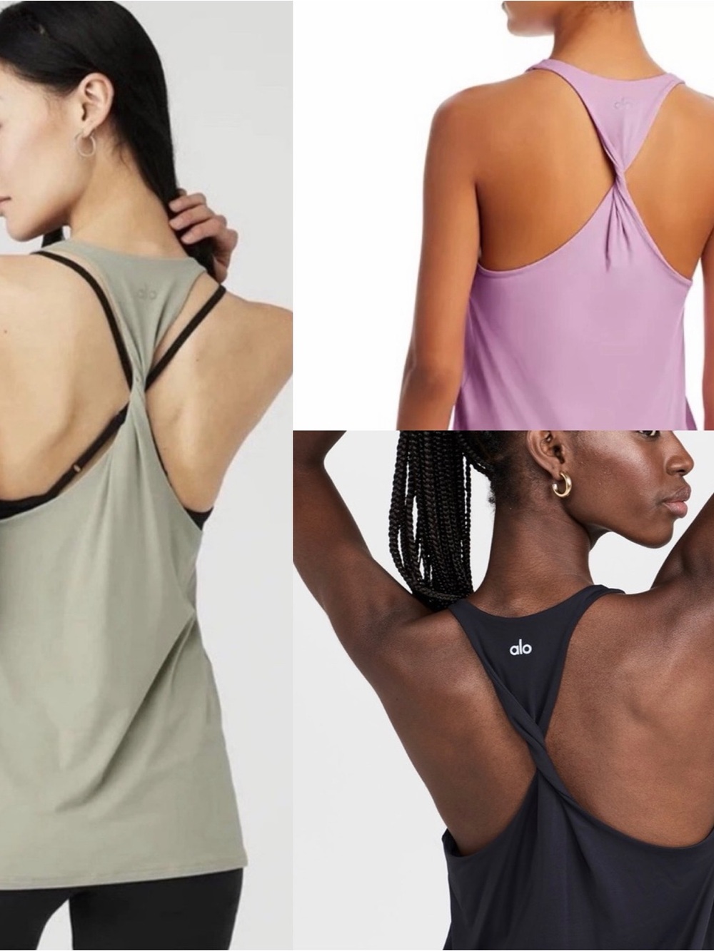 Alo Yoga Twist-Back Tank Top Lavender, Limestone & Black Bundle
